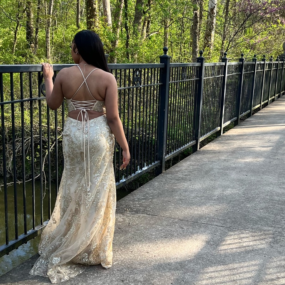 Gold corset backless prom dress
